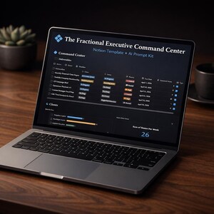 May include: A laptop displaying a dark-themed Notion template titled "The Fractional Executive Command Center." The screen shows data tables and the text "Notion Template + AI Prompt Kit." A cup of coffee and a small potted plant are on the wooden surface.