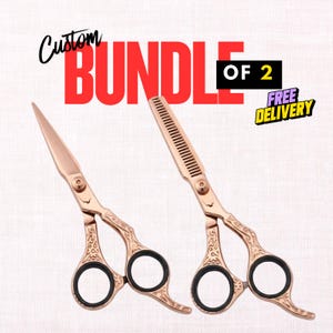 May include: Rose gold hair shears bundle of 2. One shear has a straight blade, the other has a thinning blade. The handles have an ornate design with black finger holes. The text "Custom Bundle of 2" is in the image.