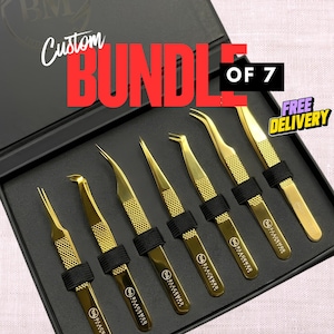 May include: A set of seven gold-colored tweezers with black grips, arranged in a black box. The tweezers have various tip designs. The text "Custom Bundle of 7" is visible in the image.