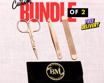 Kit de belleza personalizado (paquete de 2) / Tijeras para cutículas, pinzas para cejas y lima de uñas personalizados / Estuche de terciopelo / Set de regalo en oro rosa y negro mate