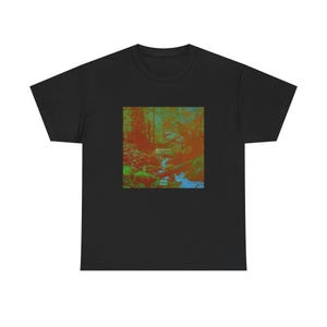 May include: Black t-shirt featuring a colorful square graphic of a forest scene with a stream. The graphic has red, green, blue, and orange hues. The word "genesis" is printed in small white letters.