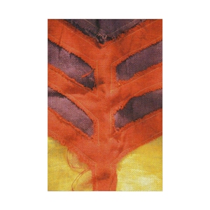 May include: Close-up of a textile with a tree-like design. The design features orange, purple, and yellow colors. The orange sections have a frayed edge, and the design is stitched onto the fabric.