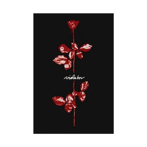 May include: A black background with a red rose illustration. The rose has a stem, leaves, and a bud. The word "violator" is written in white script below the rose.