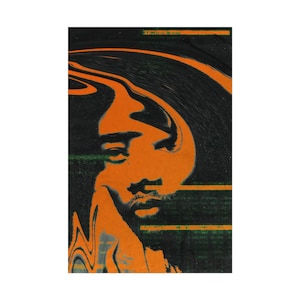 May include: An abstract portrait with an orange face and black background. The image has a distorted, wavy effect, with horizontal green lines. The subject's features are visible, including eyes, nose, and mouth. The overall style is modern and artistic.