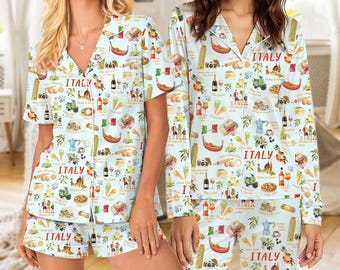 Italy Travel Satin Pajama Set For Women, Italian Food Print Pajamas Long Sleeve Or Short Sleeve Button Up, Gift For Travel Lovers