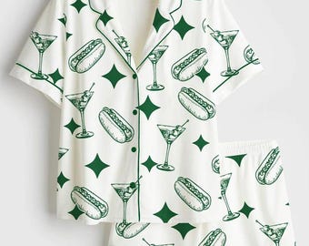 Tinis And Weenies Dirty Martini Party Print Short Sleeve Satin Pajama Set, Martini Meme Tinis WeeniesFan Gift, Nightwear Gifts For Her