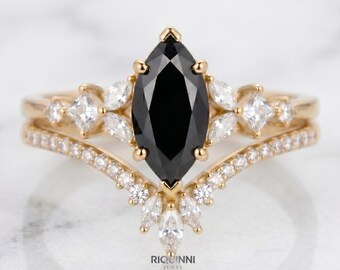 Conjunto nupcial de moissanita negra marquesa, alianza de oro amarillo de 14k con corona, anillo de compromiso gótico.