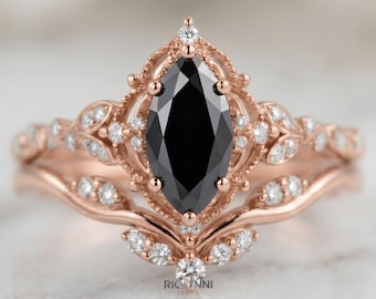 Marquise Black Moissanite Engagement Ring Set: Rose Gold Gothic Leaf Bridal Band