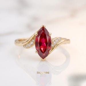 Bague by-pass marquise en or jaune 14 carats, jonc torsadé en moissanite rouge, cadeau d'anniversaire Art déco