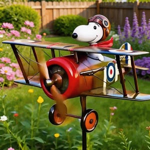 Dwupłatowy wiatrak Flying Ace Dog, ozdoba na trawnik, wiatrak ogrodowy i do ogrodu, dwupłatowy wiatrak ogrodowy Snoopy w stylu retro