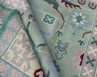 Handmade Oushak Rug - Green & Pastel Floral Area Rug, 5x8 8x10 Wool Tribal Carpet - Traditional Turkish Rug for Living Room, Bedroom