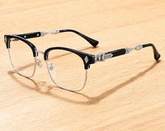 Retro Browline Eyeglasses, Black Silver Optical Frame, Unisex Square Glasses, Classic Nerd Eyewear, Fashion Gift for Men Women