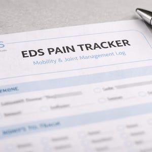 Puede incluir: Un papel blanco titulado "EDS PAIN TRACKER Mobility & Joint Management Log" con detalles en azul y un bolígrafo a rayas negras y plateadas. El papel tiene un logotipo en la esquina superior izquierda.