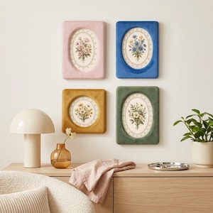 Autumn Velvet Framed Floral Gallery Wall Set, Colorful Velvet Oval Photo Frames with Vintage Botanical Art, Fall Cottage Gallery Wall Decor