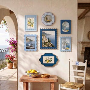 Cozy Winter Coastal Picture Frame Set, Blue Mixed Shape Velvet Fabric Frames, 4x4 4x6 5x7 8x10 Cottage Wall, Vintage Lemon Landscape Decor