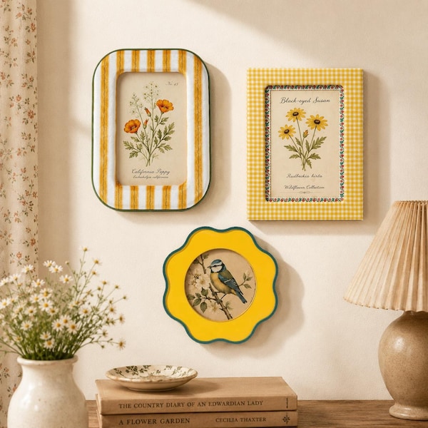Yellow Velvet Fabric Wrapped Picture Frame Set, Vintage Scalloped Gingham Photo Frames, 4x4 4x6 Cottagecore Decor, Housewarming Gift For Her