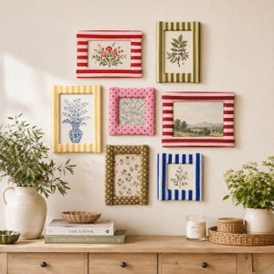 Colorful Stripe & Dot Fabric Covered Frame Set, Whimsical Eclectic Botanical Gallery Wall Frames, Cozy Grandmillennial Cottage Room Decor