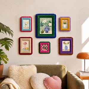 Colorful Eclectic Maximalist Velvet Gallery Wall Set, Plush Fabric Wrapped Frames With Whimsical Art Print, 4x4 4x6 5x7 8x10 Dopamine Decor