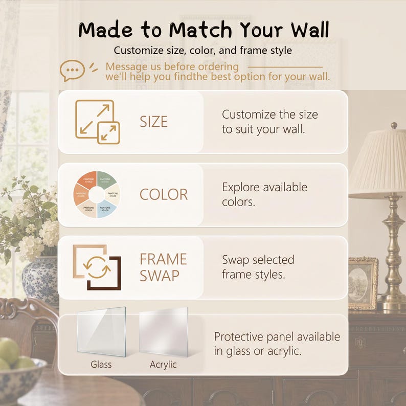 May include: An informational graphic titled Made to Match Your Wall with four sections. Icons represent size customization, a color wheel, frame swapping, and a choice between glass or acrylic protective panels for wall art customization options.