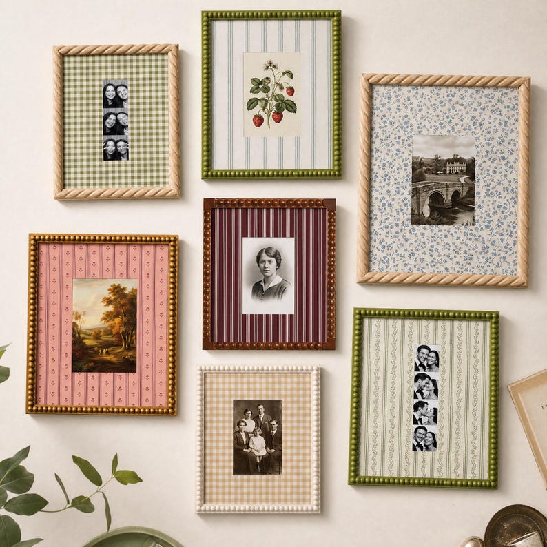 May include: A gallery wall arrangement of seven rectangular picture frames featuring various textures and colors, including green, brown, and cream beaded or rope-style borders, displaying diverse photographs, botanical prints, and patterned backgrounds.