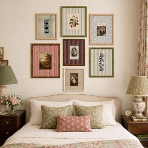 May include: A gallery wall arrangement featuring seven rectangular picture frames with varied textures and colors, including wood, green, and brown finishes. The frames contain diverse prints, photographs, and vertical photo strips.