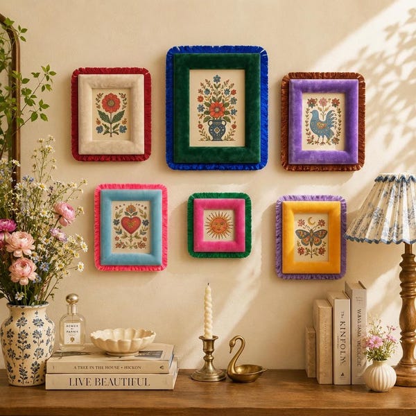 Vintage Fringe Velvet Picture Frame, Colorful Plush Fabric Wrapped Frame Set, 4x4 4x6 5x7 8x10 Botanical Frame,  Cottagecore Gift for Her
