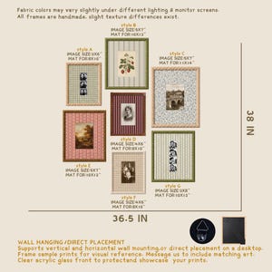 May include: A collection of seven rectangular picture frames in various fabric-covered patterns and colors, labeled style A through G. Each frame includes specific image and mat size dimensions in inches. The display measures 38 inches by 36.5 inches, featuring clear acrylic fronts, wall hanging hardware, and desktop stands.