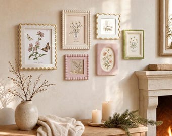 May include: A gallery wall arrangement featuring six assorted picture frames in various shapes and colors, including scalloped and beaded edges, displaying botanical and floral illustrations, hung above a wooden mantelpiece.
