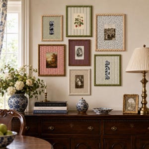 Puede incluir: Una composición de pared de galería con siete marcos de fotos rectangulares que presentan paspartús con diversos patrones, incluyendo rayas, cuadros vichy y estampados florales, rodeando fotografías en blanco y negro y una ilustración botánica.