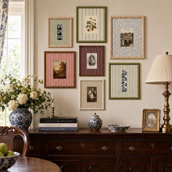 Vintage Fabric Mat Gallery Wall Frame Set, Photo Booth Wood Frames, 8x10 11x14 10x12, Gingham Stripe Eclectic Wall Decor