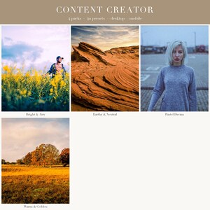 May include: A digital collection titled CONTENT CREATOR featuring 4 packs and 40 presets for desktop and mobile. The display includes four photographic examples: a person in a yellow flower field, a desert landscape, a portrait, and a golden field.