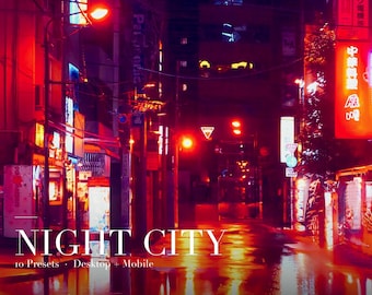 ナイトシティLightroomプリセット、デスクトップおよびモバイル用XMPファイル10個、サイバーパンク都市夜景写真編集