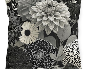 Monochrome Botanical Floral Outdoor Pillows | Black White Dahlia Cushion