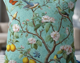Vintage Botanical Birds Pillow | Outdoor Pillow, Floral Chinoiserie Print