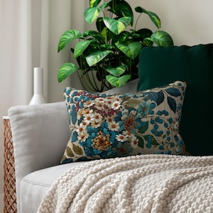 Vintage Floral Bouquet LUMBAR Pillow | Teal Blue Botanical Throw Pillow image 2