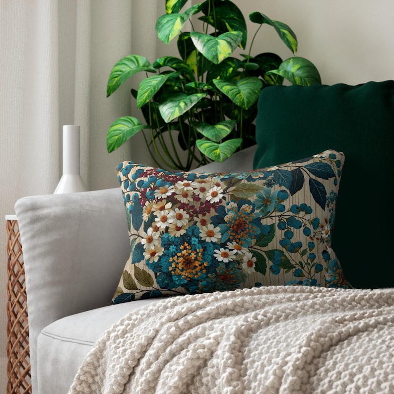 Vintage Floral Bouquet LUMBAR Pillow | Teal Blue Botanical Throw Pillow image 2