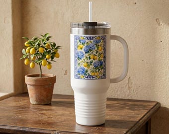 Lemon Hydrangea Tile Pattern TRAVEL MUG | 40oz Insulated TUMBLER