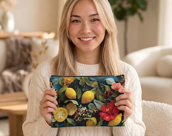 Lemon Floral Faux Embroidered Accessory Pouch | Citrus Botanical Zipper Bag