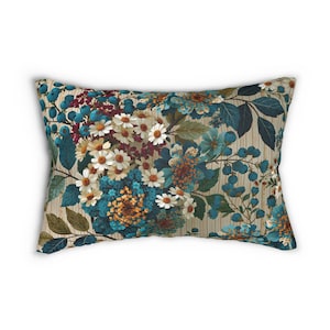 Vintage Floral Bouquet LUMBAR Pillow | Teal Blue Botanical Throw Pillow image 1