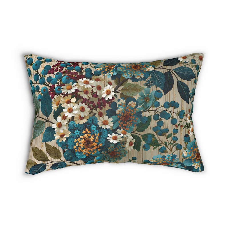 Vintage Floral Bouquet LUMBAR Pillow | Teal Blue Botanical Throw Pillow image 1