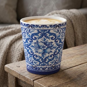 May include: A tall ceramic coffee cup with a blue and white floral pattern, filled with a latte. The cup sits on a wooden surface, with steam rising from the coffee. The floral design features stylized flowers and leaves.