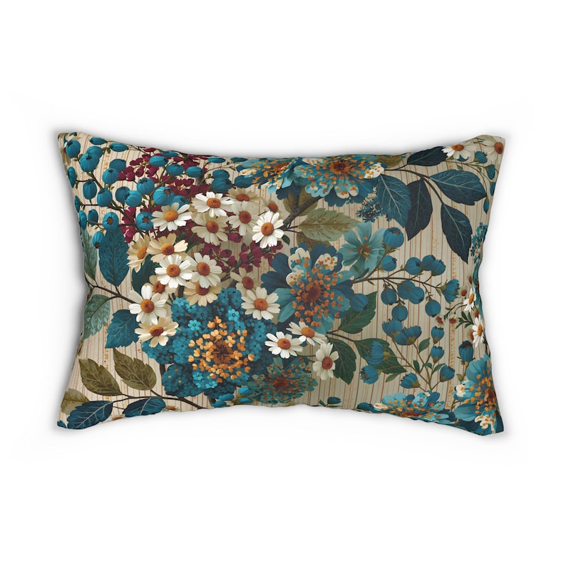 Vintage Floral Bouquet LUMBAR Pillow | Teal Blue Botanical Throw Pillow image 4