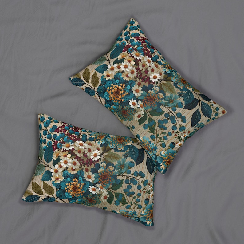 Vintage Floral Bouquet LUMBAR Pillow | Teal Blue Botanical Throw Pillow image 5