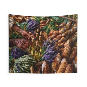 May include: A collection of glass bottles filled with golden oil, arranged alongside bundles of purple lavender, green herbs, and numerous crusty brown baguettes. The items are displayed in wooden crates, creating a rustic market display.
