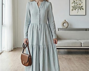 Vestido camisero de lino con bolsillos, vestido midi de manga larga para mujer, vestido informal de corte relajado con botones, ropa de lino azul, negro y rosa.