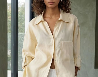 Camisas de lino para mujer, ropa de lino, camisas de lino blancas, camisas de lino amarillas, conjuntos para vacaciones, básicos de verano, blusa de lino, camisa informal