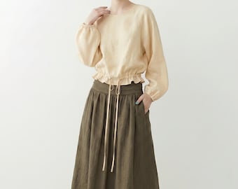 Wabi Sabi Linen Blouse Women, Lantern Puff Sleeve Crop Top, Minimalist Drawstring Linen Shirt, Boho Cottagecore Natural Fiber Clothing