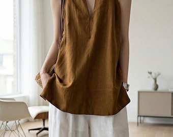 Elegant Sleeveless Linen Blouse, Deep V Neck Backless Style Top, Pearl White and Earthy Brown Linen Tunic, Chic Summer Vacation Outfit