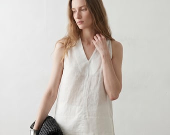 Boho Linen Tank Top, Loose Fit V-Neck Summer Shirt, Eco Friendly Linen Clothing, Casual White Flax Top, Minimalist Layering Blouse