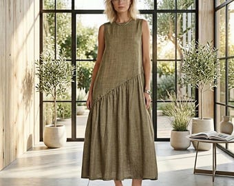 Asymmetrisches Leinenkleid, Khaki Oversized Maxi, Ärmelloses Sommerkleid mit Rundhalsausschnitt, Boho-Kleid mit entspannter Passform, minimalistisches Leinenkleid